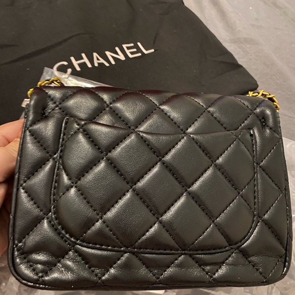 Fashion Elegant Black Quilted Pearl Crush Mini Crossbody with Gold Mono Accents - Picture 3 of 14